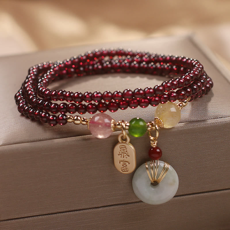 Karma Stone Natural Garnet Strawberry Quartz Crystal Fox Koi Fish Peace Buckle Fortune Protection Triple Wrap Bracelet