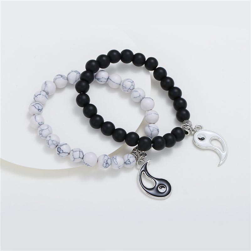 Karma Stone 2pcs Natural Black Onyx White Turquoise Bead Yin Yang Couple Bracelet