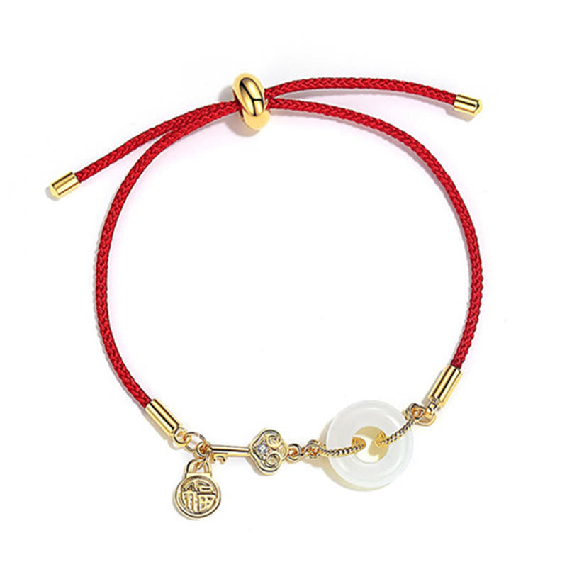 Karma Stone 18K Gold Plated Hetian Jade Peace Buckle Fu Character Luck Red Rope Bracelet