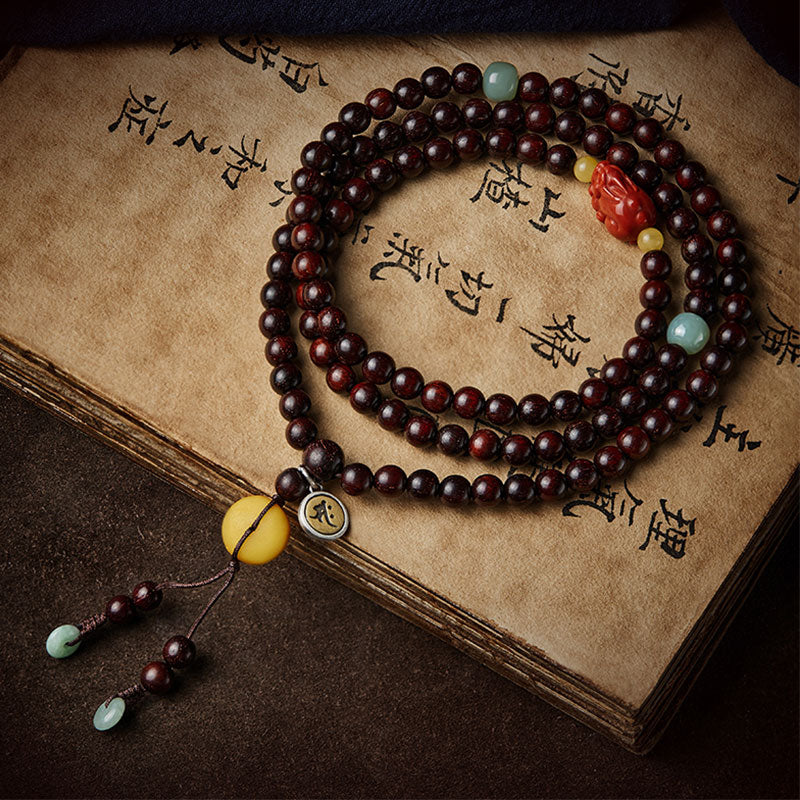 Karma Stone Chinese Zodiac Natal Buddha 108 Mala Beads Small Leaf Red Sandalwood Red Agate PiXiu Protection Bracelet