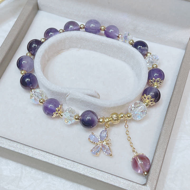 Karma Stone Natural Amethyst Crystal Spiritual Butterfly Charm Bracelet