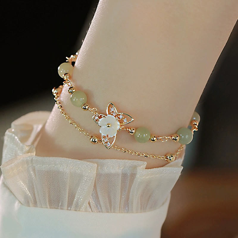 Karma Stone 14K Gold Plated Jade Butterfly Tridacna Stone Flower Double Layer Luck Bracelet