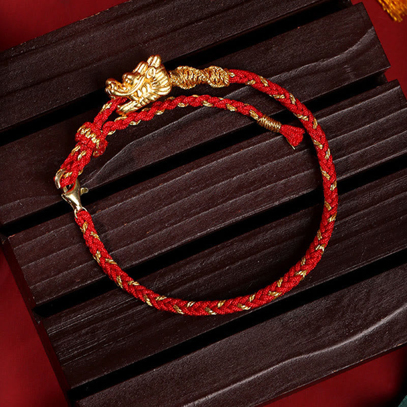 Karma Stone 999 Sterling Silver Handcrafted Dragon Luck Eight Thread Knot Red String Braided Bracelet