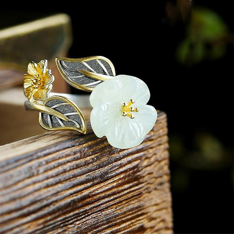 Karma Stone 925 Silver Plated Copper White Jade Plum Flower Leaf Luck Ring