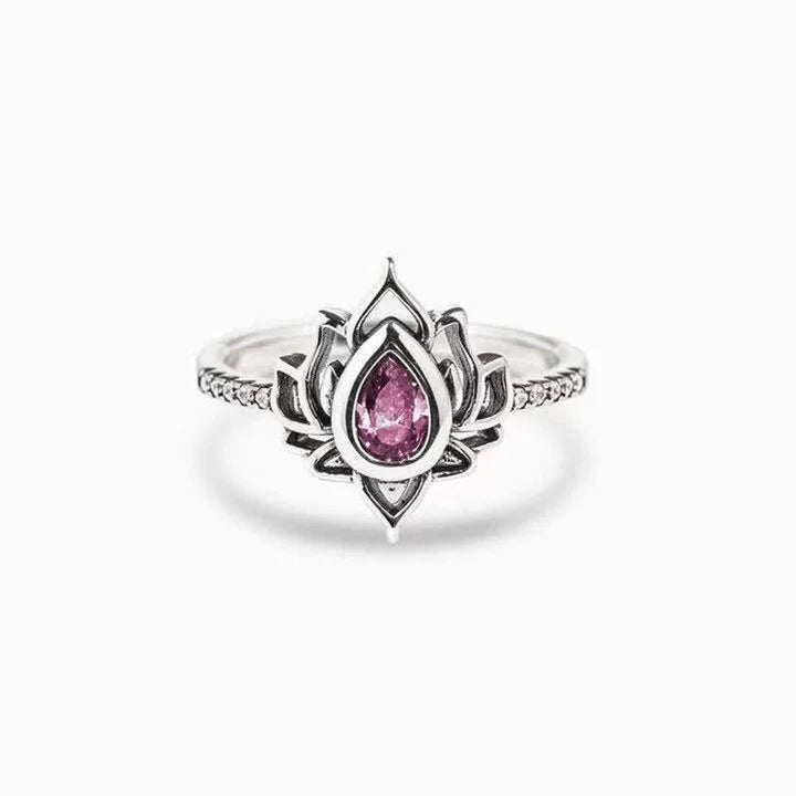 Karma Stone Sterling Silver Lotus Zircon Blessing Protection Ring