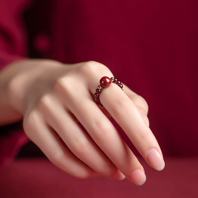 Karma Stone Garnet Cinnabar Lucky Bead PiXiu Om Mani Padme Hum Rose Protection Ring