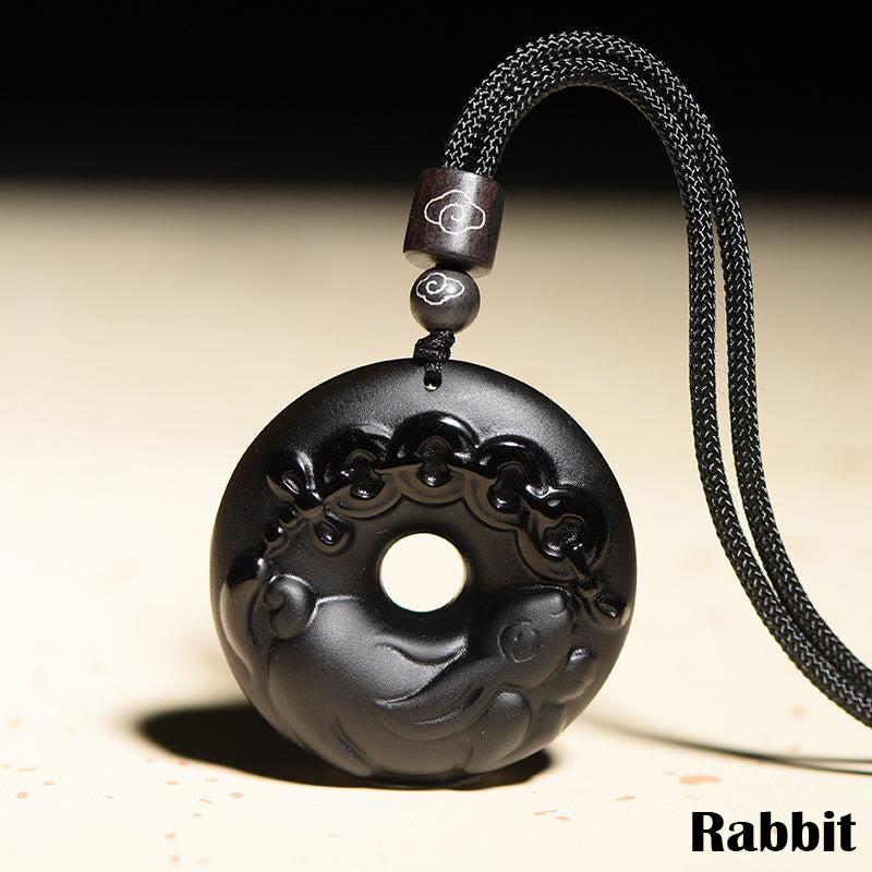 Karma Stone Chinese Zodiac Natural Black Obsidian Peace Buckle Strength Necklace Pendant
