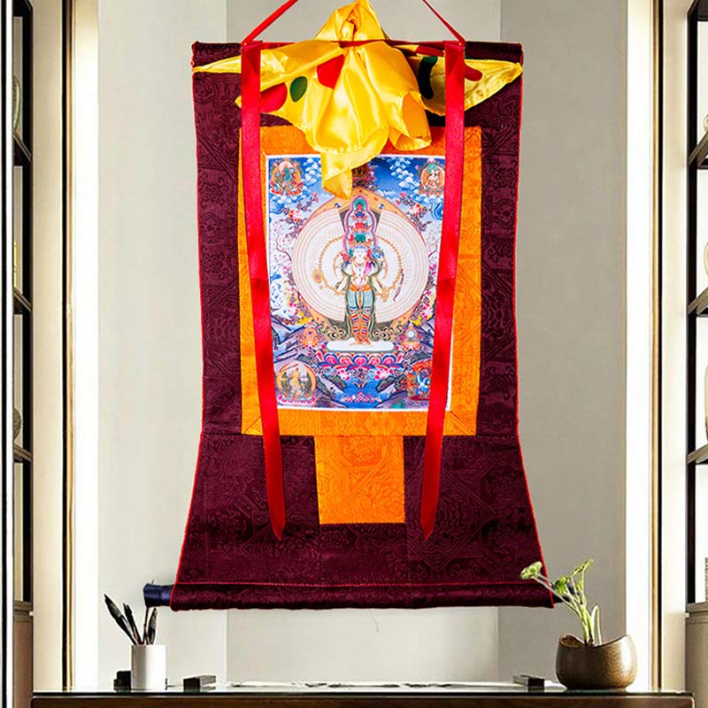 Karma Stone Tibetan Thousand-handed Avalokitesvara Framed Thangka Blessing Decoration