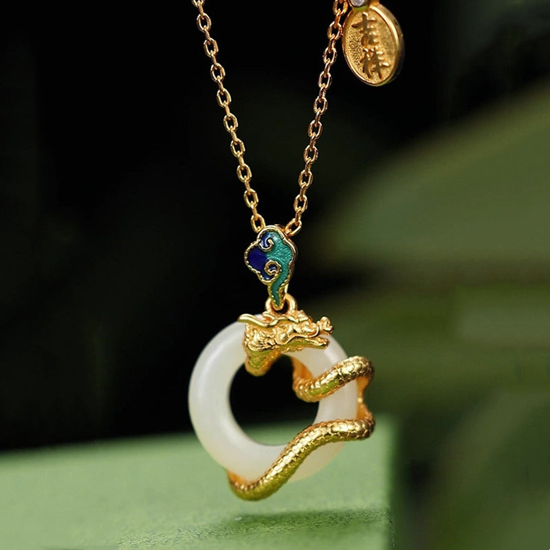 Karma Stone Year Of The Dragon 925 Sterling Silver Hetian White Jade Peace Buckle Auspicious Clouds Success Necklace Pendant