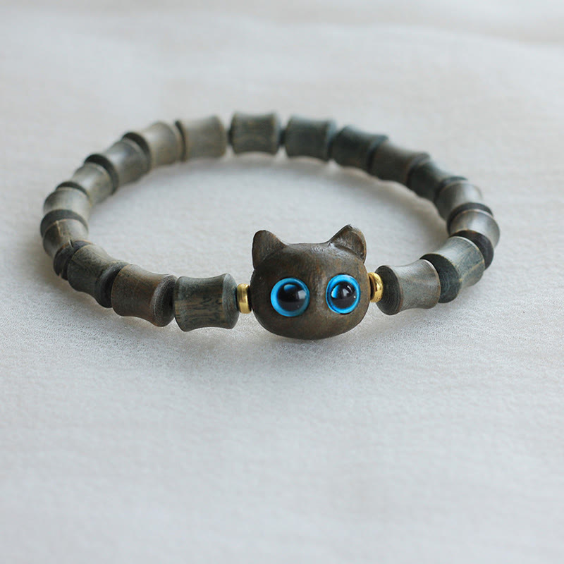 Karma Stone Ebony Wood Green Sandalwood Cute Cat Peace Bracelet