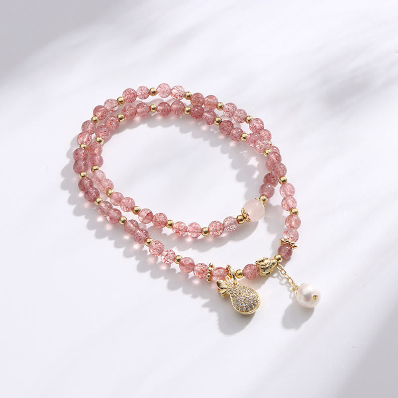 Karma Stone Strawberry Quartz Money Bag Positive Charm Double Wrap Bracelet