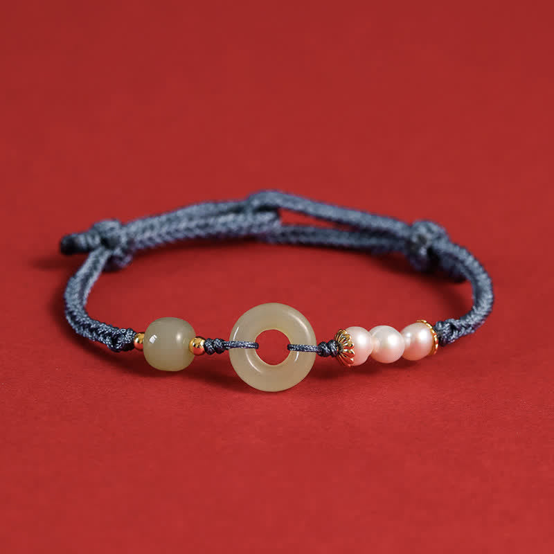Karma Stone Natural Hetian Jade Pearl Peace Buckle Luck Bracelet