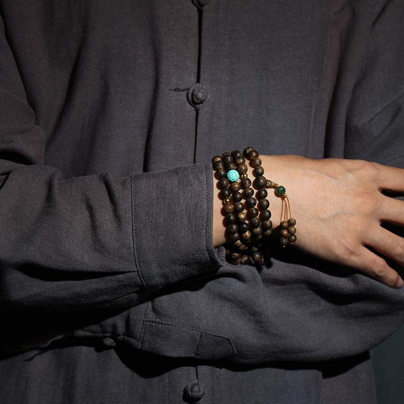 Karma Stone 108-Bead Wooden  Rosary Bracelet Nha Trang Agarwood Turquoise Prayer Bracelet
