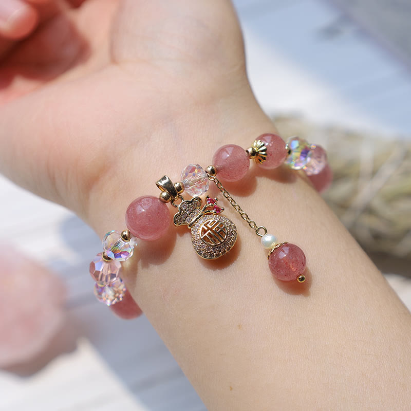 Karma Stone Natural Strawberry Quartz Crystal Money Bag Charm Positive Bracelet