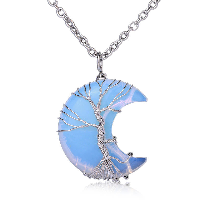 Karma Stone Natural Quartz Crystal Moon Tree Of Life Healing Energy Necklace Pendant