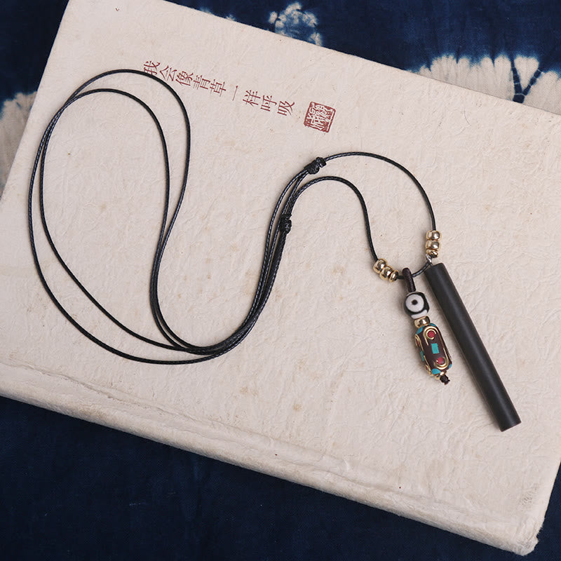 Karma Stone Tibetan Ebony Wood Dzi Bead Peace Calm Necklace Pendant
