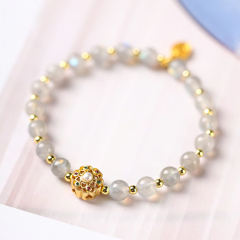 Karma Stone 14K Gold Plated Natural Strawberry Quartz Labradorite Sun Stone Fu Character Positive Charm Bracelet
