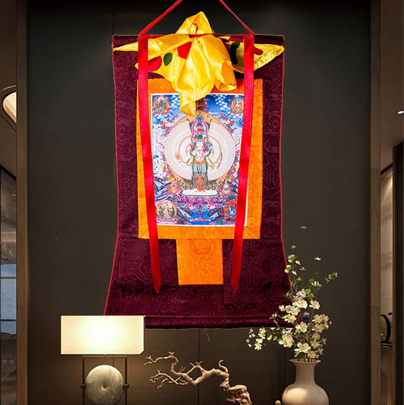 Karma Stone Tibetan Thousand-handed Avalokitesvara Framed Thangka Blessing Decoration