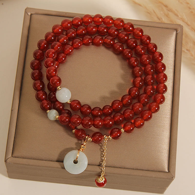 Karma Stone Natural Red Agate Jade Peace Buckle Calm Triple Wrap Bracelet