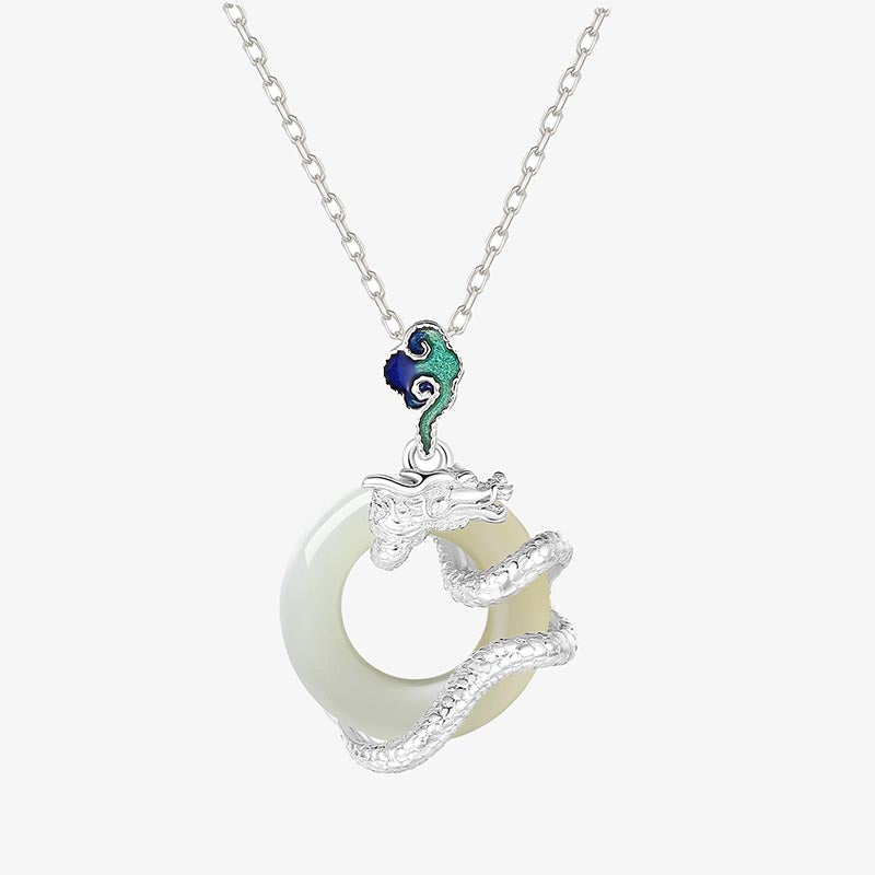 Karma Stone Year Of The Dragon 925 Sterling Silver Hetian White Jade Peace Buckle Auspicious Clouds Success Necklace Pendant