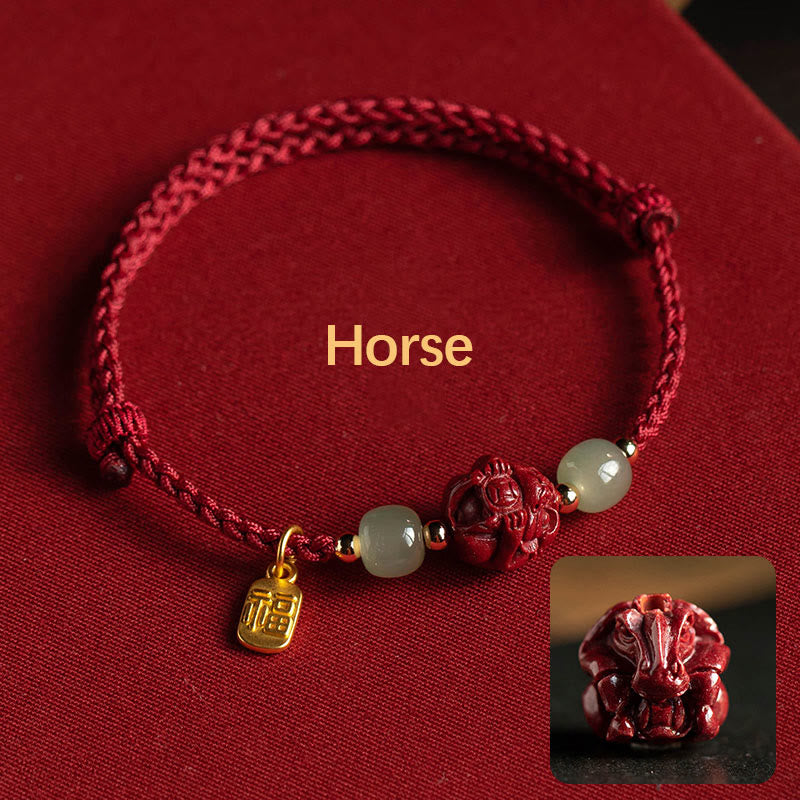 Karma Stone Natural Cinnabar Chinese Zodiac Hetian Jade Fu Character Luck Rope Bracelet