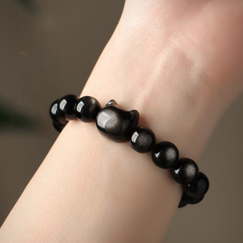 Karma Stone Gold Sheen Obsidian Silver Sheen Obsidian Lovely Paw Lucky Cat Protection Bracelet