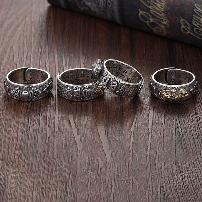 Karma Stone Tibetan 990 Sterling Silver Om Mani Padme Hum PiXiu Dorje Vajra Heart Sutra Engraved Wealth Ring