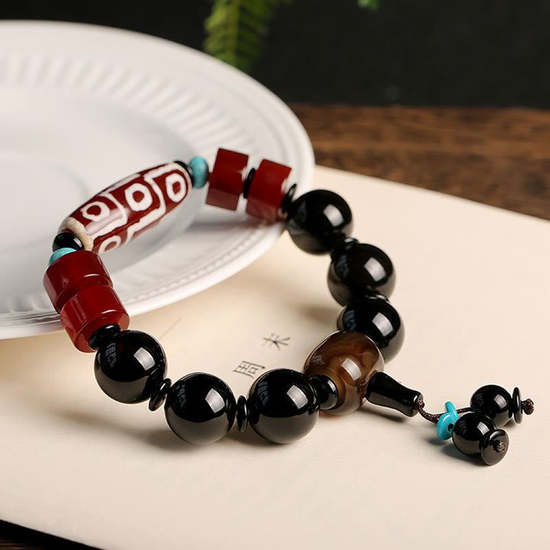 Karma Stone Tibetan Nine-Eye Dzi Bead Black Onyx Wealth Protection Bracelet