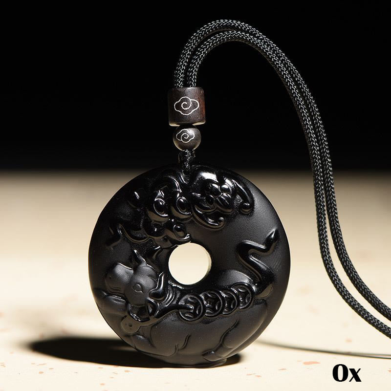 Karma Stone Chinese Zodiac Natural Black Obsidian Peace Buckle Strength Necklace Pendant