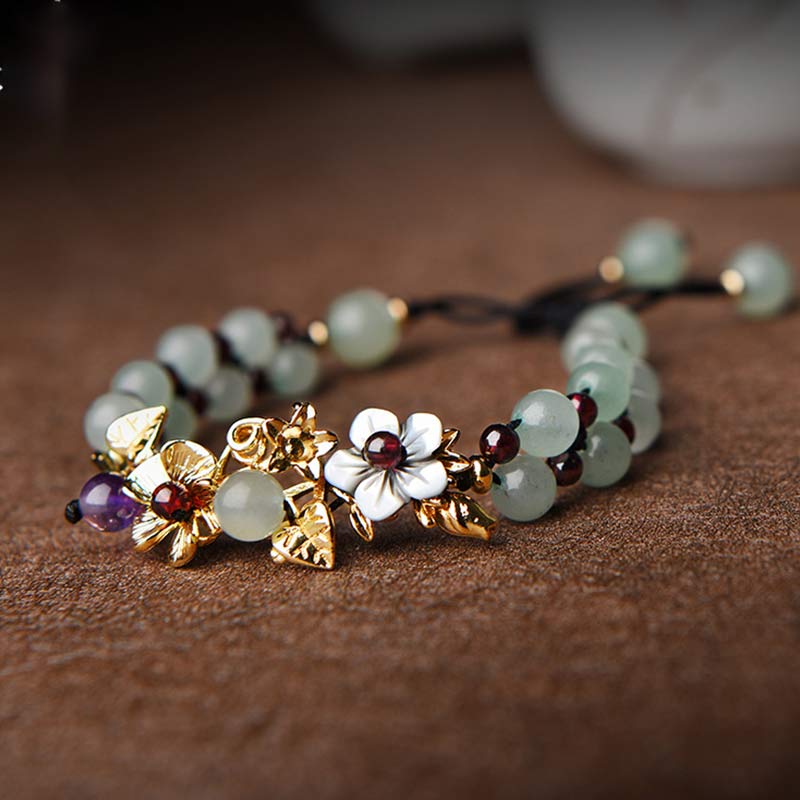 Karma Stone Green Aventurine Garnet Bead Flower Petal Luck Bracelet