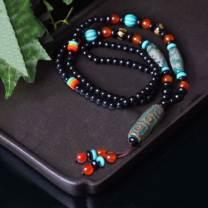 Karma Stone Tibetan Nine-Eye Dzi Bead Dragon Pattern Om Mani Padme Hum Protection Necklace Pendant