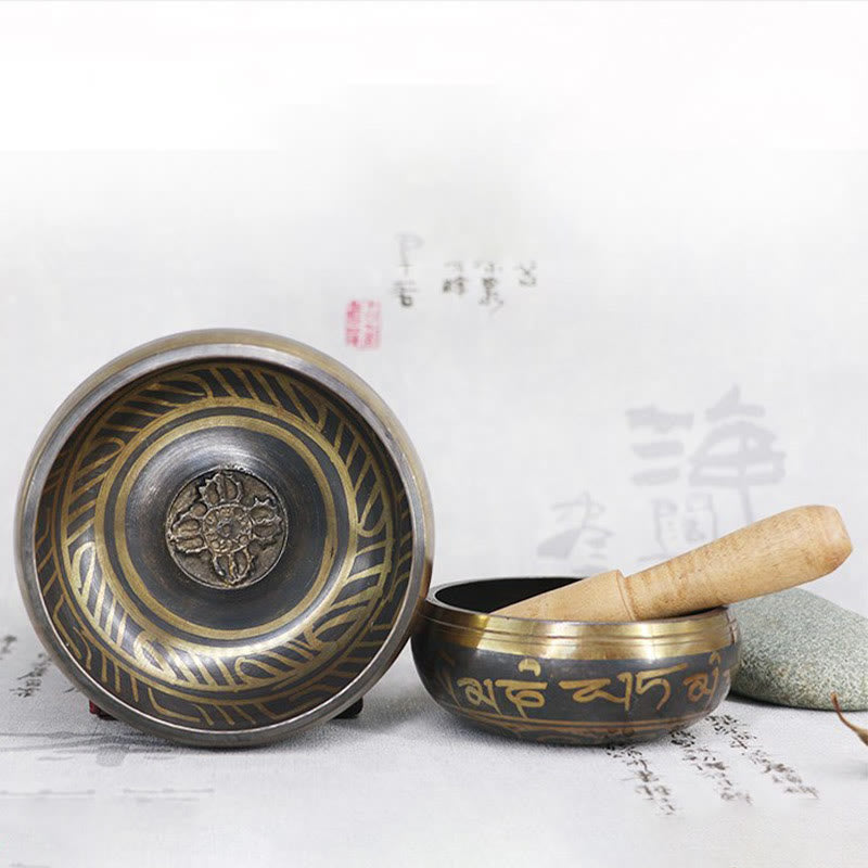 Karma Stone Tibetan Meditation Bowl for Healing and Mindfulness Om Mani Padme Hum Singing Bowl