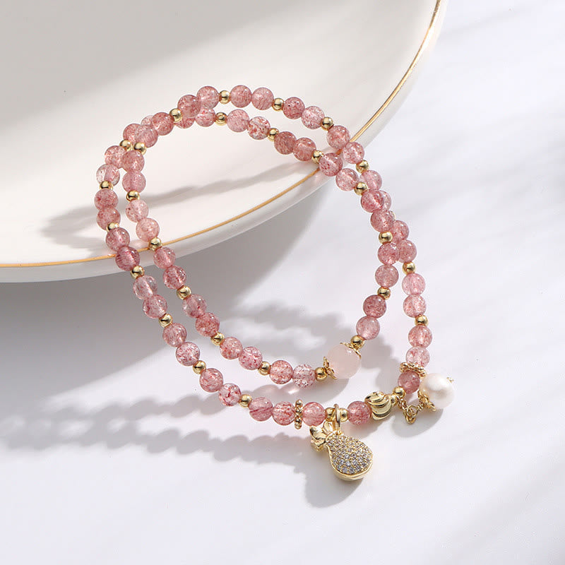 Karma Stone Strawberry Quartz Money Bag Positive Charm Double Wrap Bracelet