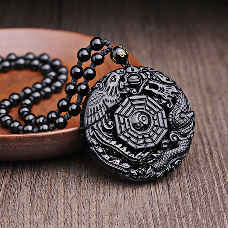 Karma Stone Bagua Dragon Phoenix Obsidian Fulfilment Pendant Necklace