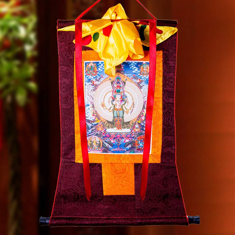 Karma Stone Tibetan Thousand-handed Avalokitesvara Framed Thangka Blessing Decoration