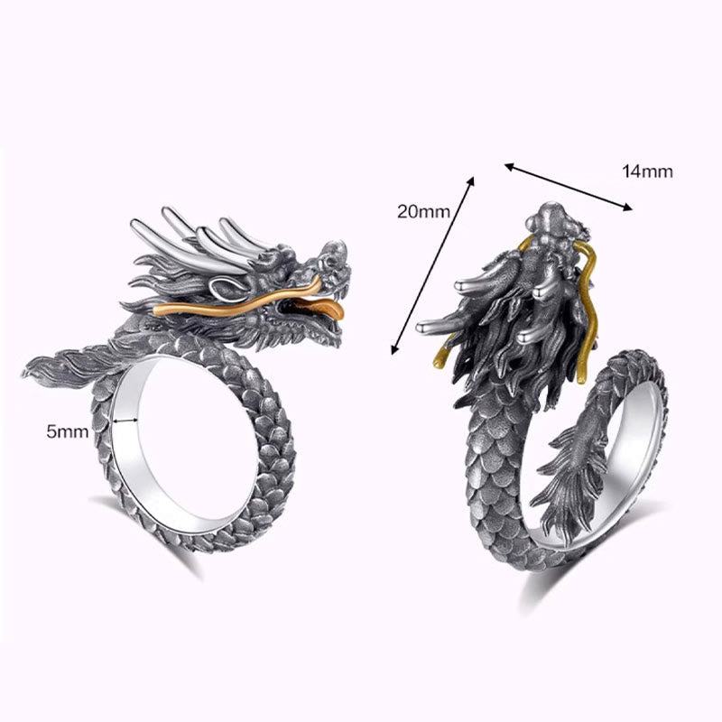 Karma Stone 925 Sterling Silver Vintage Dragon Design Protection Strength Adjustable Ring