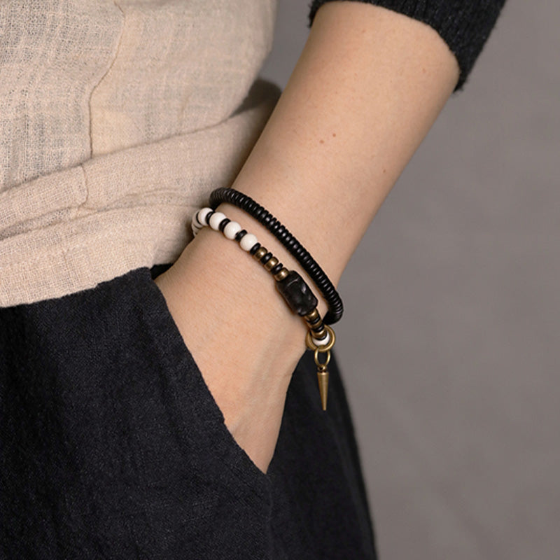 Karma Stone Yak Bone Ebony Wood Copper Strength Couple Bracelet