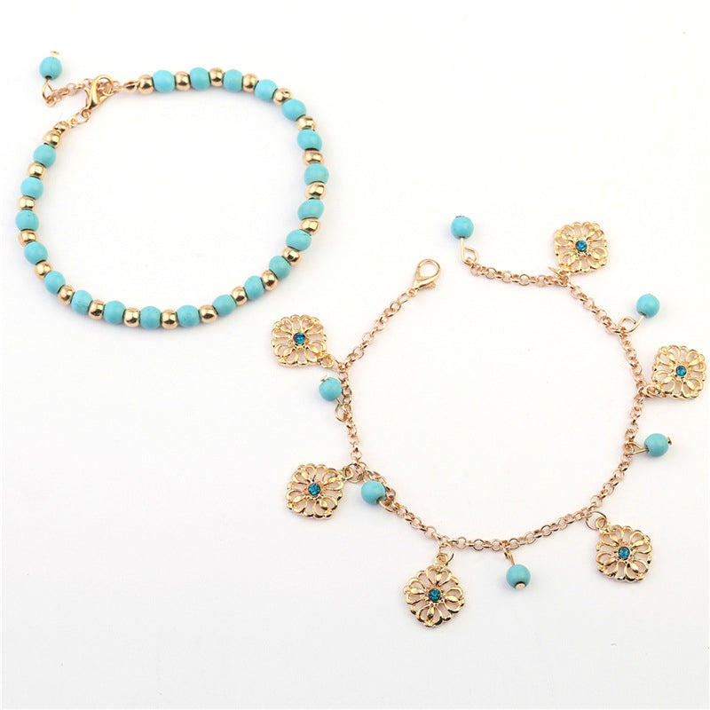 Karma Stone 2Pcs Turquoise Stone Flower Protection Bracelet Anklet