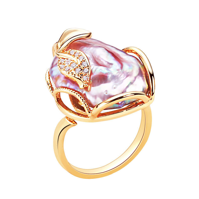 Karma Stone Pearl Copper Plated Gold Flower Happiness Wealth Ring
