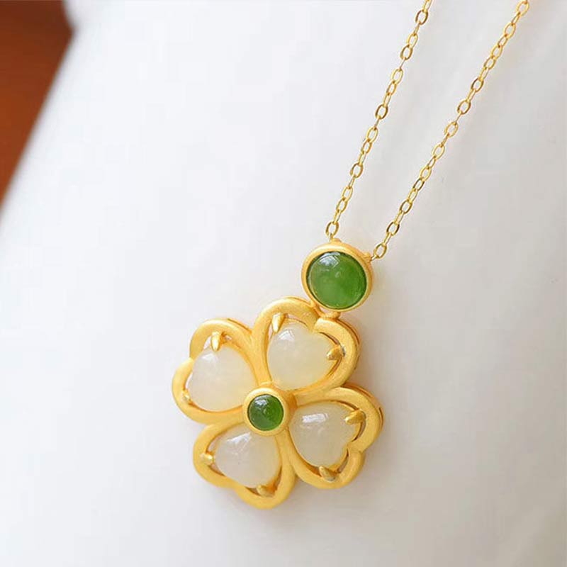 Karma Stone 925 Sterling Silver Lucky Four Leaf Clover Jade Prosperity Necklace Chain Pendant
