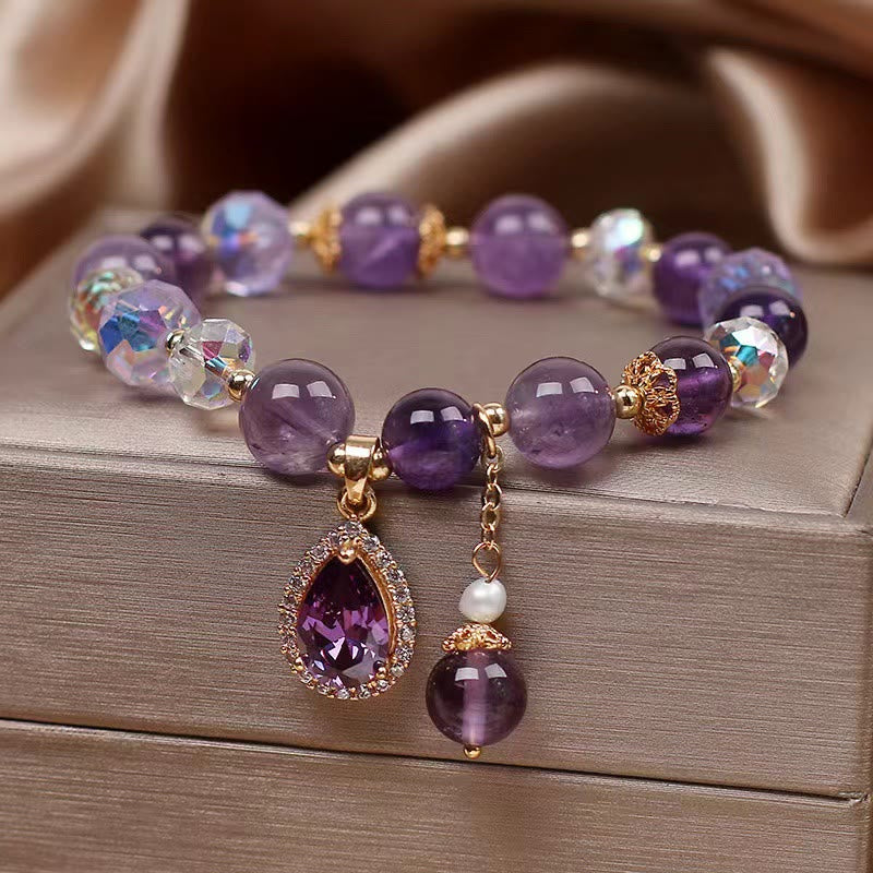 Karma Stone Natural Amethyst Zircon Love Heart Healing Soul Charm Bracelet