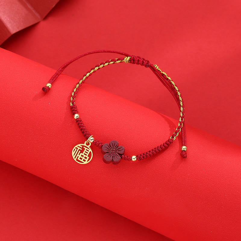 Karma Stone Cinnabar Flower Fu Character Blessing Braided String Bracelet