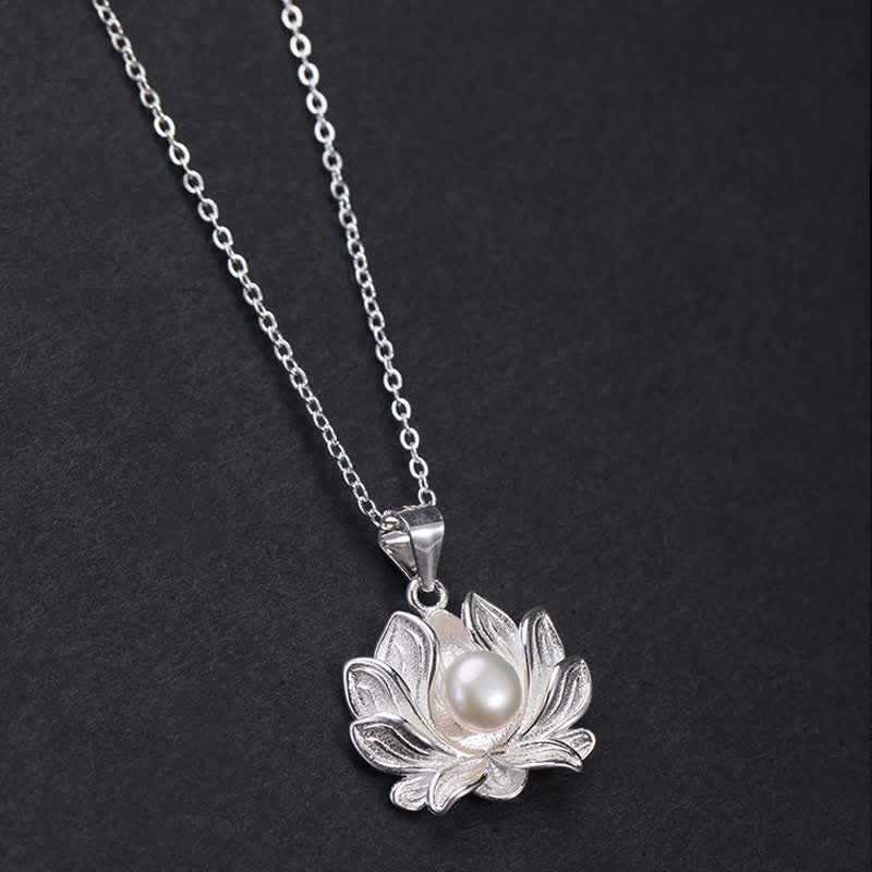 Karma Stone 925 Sterling Silver Lotus Flower Pearl Wealth Necklace Pendant