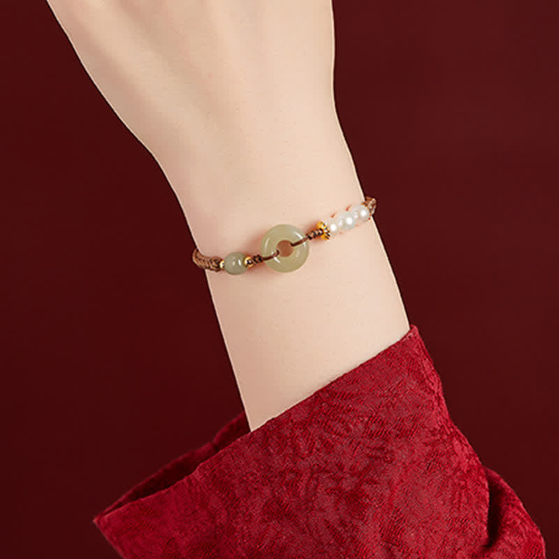 Karma Stone Natural Hetian Jade Pearl Peace Buckle Luck Bracelet