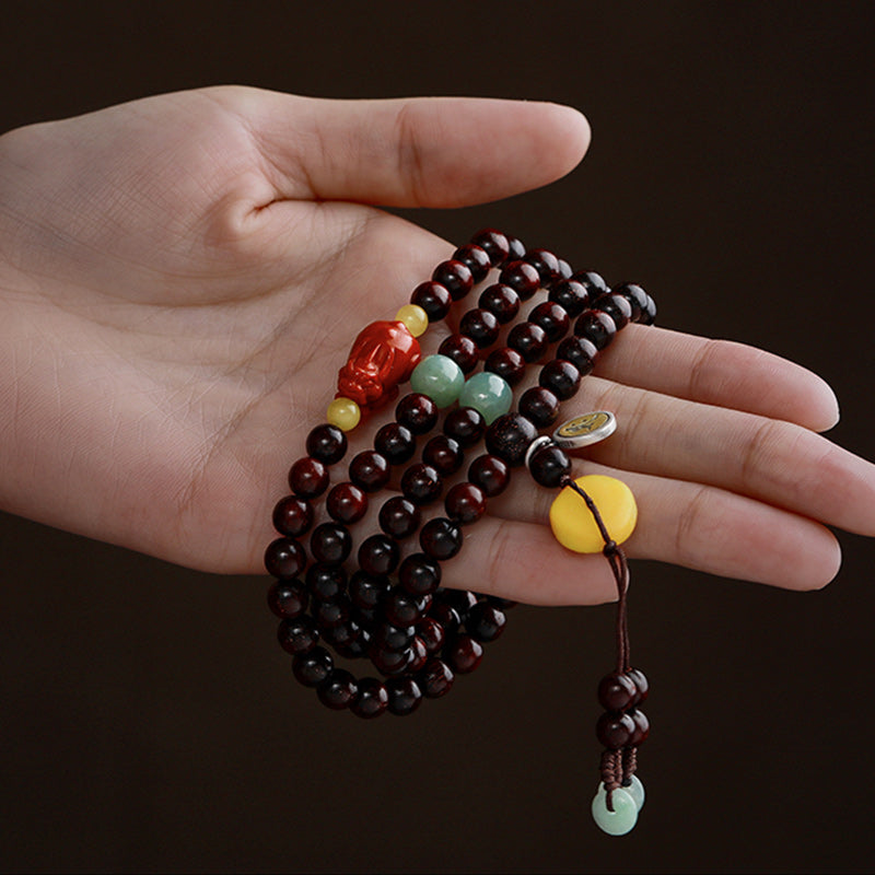 Karma Stone Chinese Zodiac Natal Buddha 108 Mala Beads Small Leaf Red Sandalwood Red Agate PiXiu Protection Bracelet