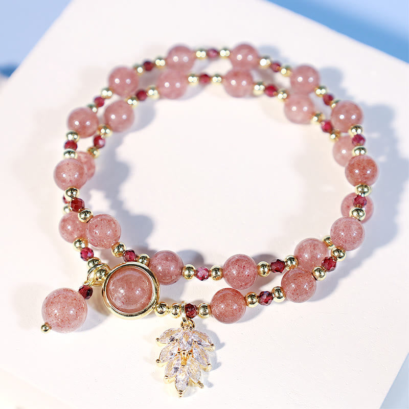 Karma Stone Natural Strawberry Quartz Love Healing Maple Leaf Charm Double Wrap Bracelet
