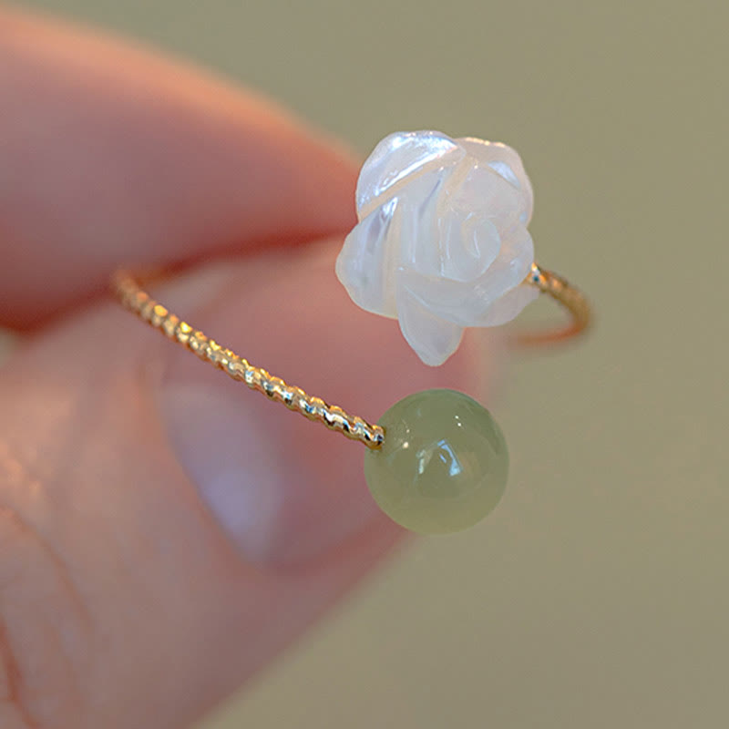 Karma Stone 14K Gold Plated Tridacna Stone Rose Flower Jade Bead Blessing Ring