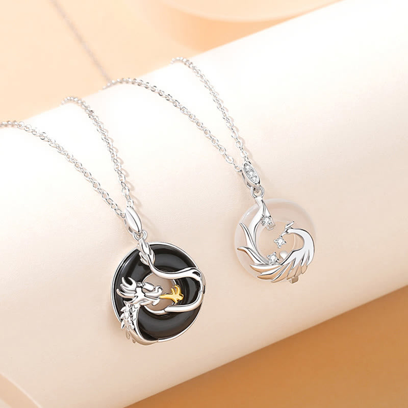 Karma Stone 925 Sterling Silver Year of the Dragon Natural Black Onyx Chalcedony Dragon Phoenix Peace Buckle Protection Necklace Pendant