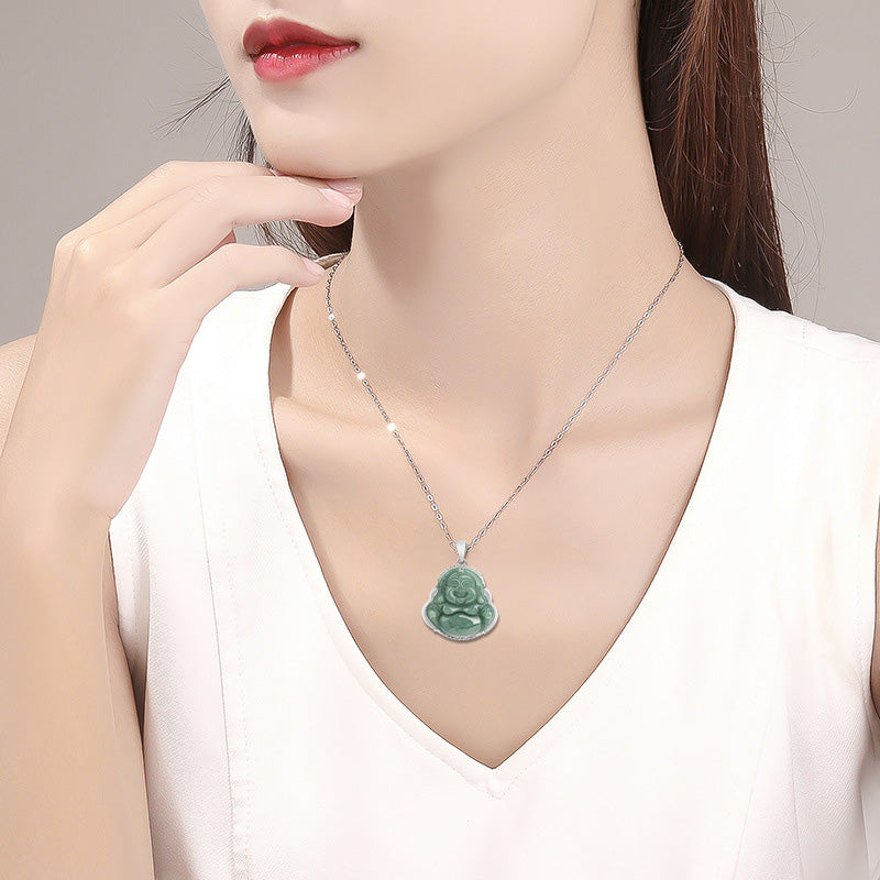 Karma Stone 925 Sterling Silver Laughing Buddha Jade Abundance Necklace Chain Pendant