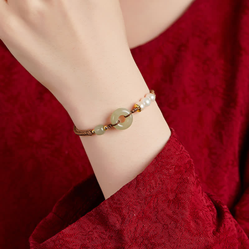 Karma Stone Natural Hetian Jade Pearl Peace Buckle Luck Bracelet